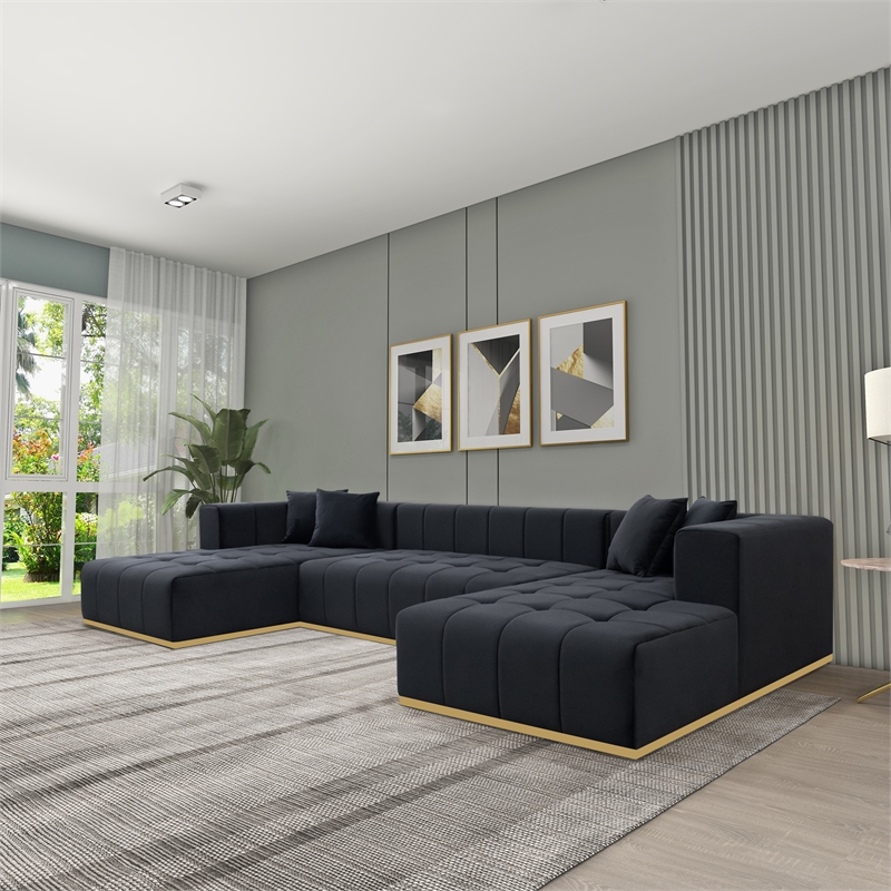 Sienna Mid-Century Modern U-Shaped Velvet Corner Sectional Sofa in Black