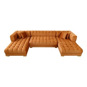 Luna Mid-Century Modern U-Shape Cognac Tan Velvet Corner Sectional Sofa