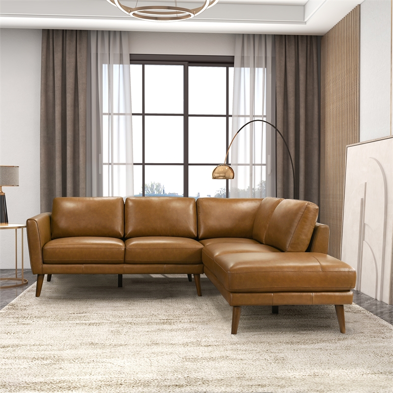 Paisley Genuine Leather L-Shaped Pillow Back Right-Facing Sectional in Tan