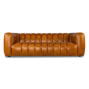 Milano Full-Grain Leather Channel Tufted Luxury Sofa in Cognac Tan