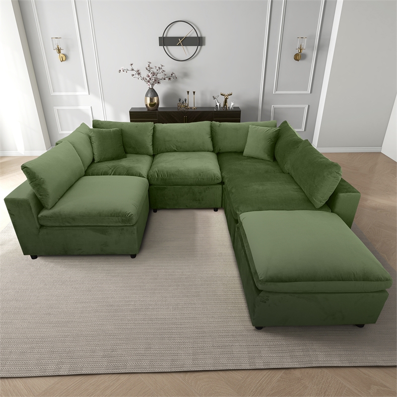 Fremont Mid Century Modern Modular Olive Green Velvet Comfy Sectional Couch