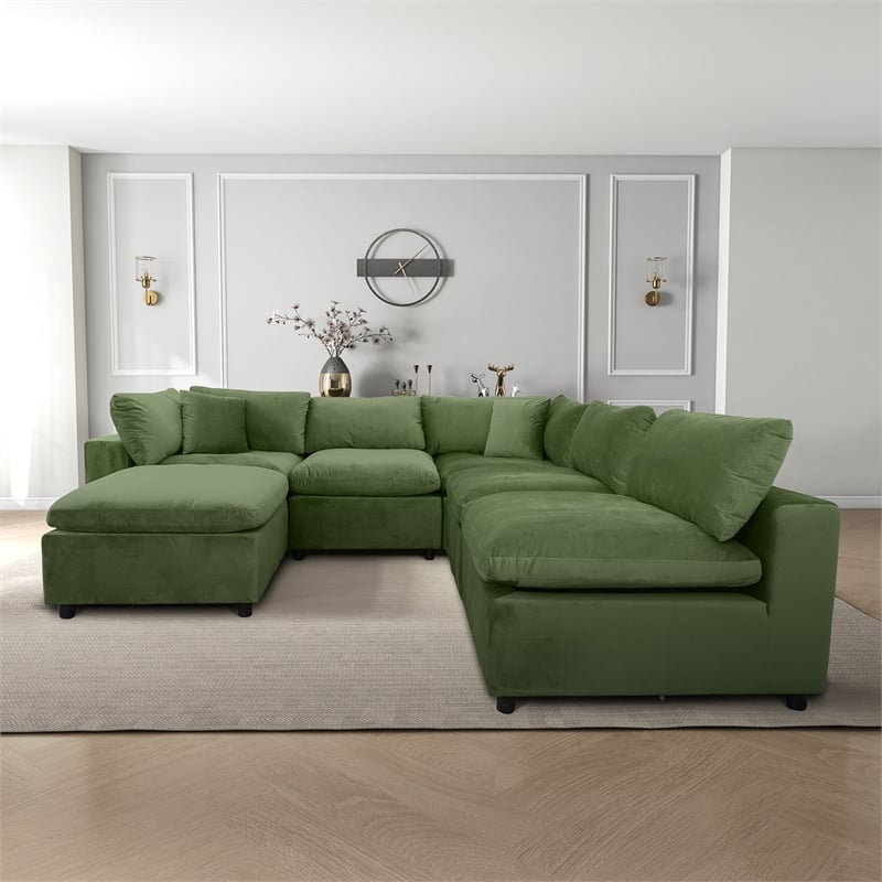 Fremont Mid Century Modern Modular Olive Green Velvet Comfy Sectional Couch