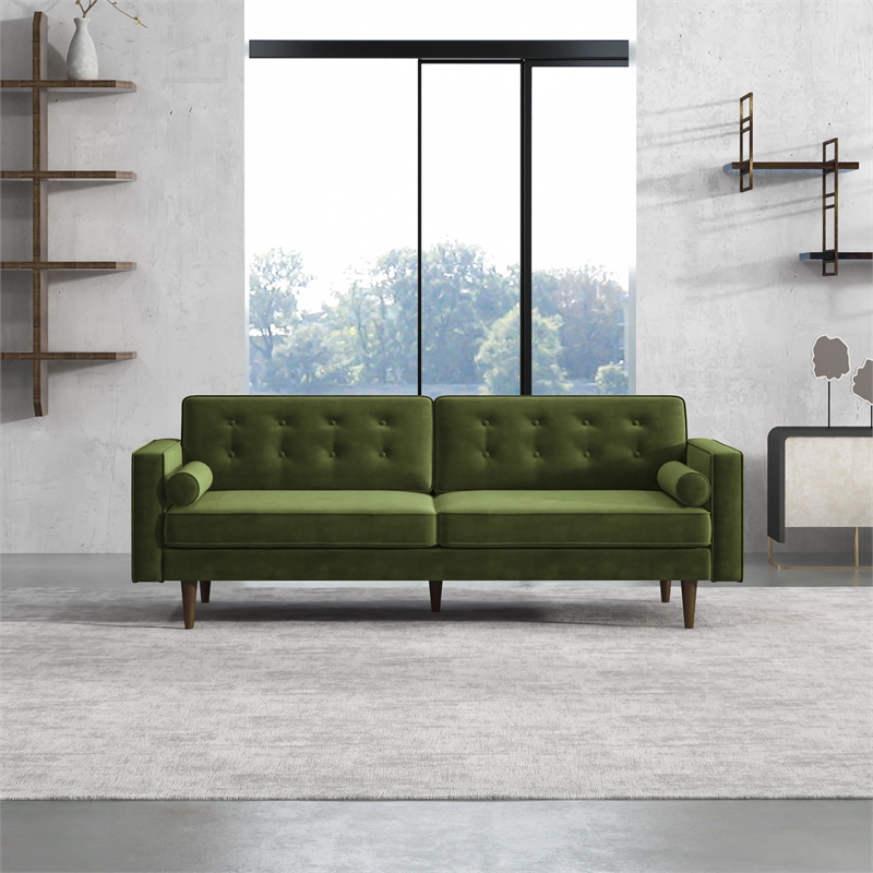 Kearney Mid-Century Tufted Tight Back Velvet Upholstered Sofa in Olive Green