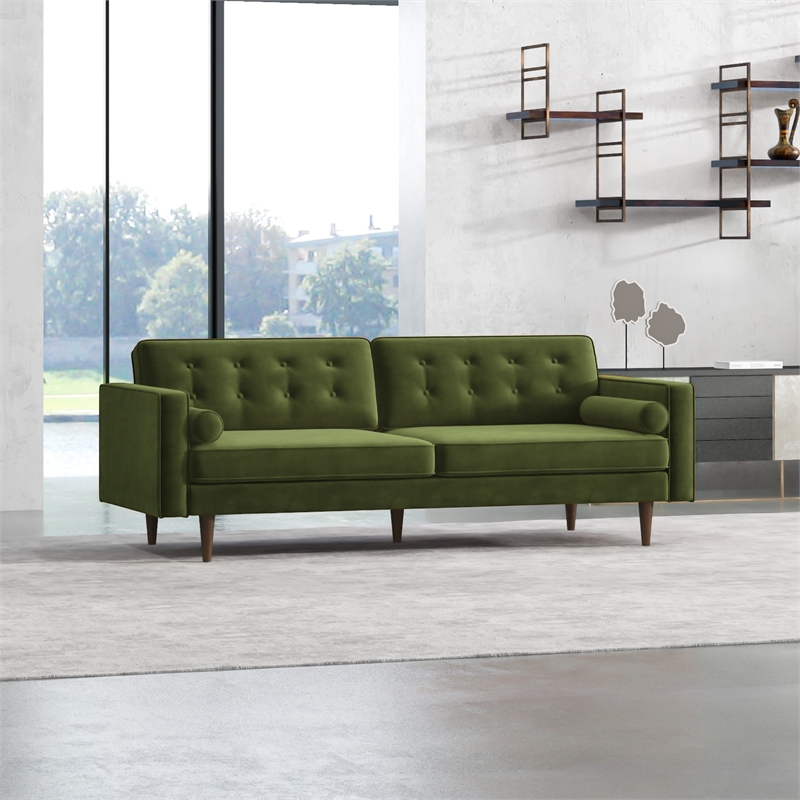 Kearney Mid-Century Tufted Tight Back Velvet Upholstered Sofa in Olive Green