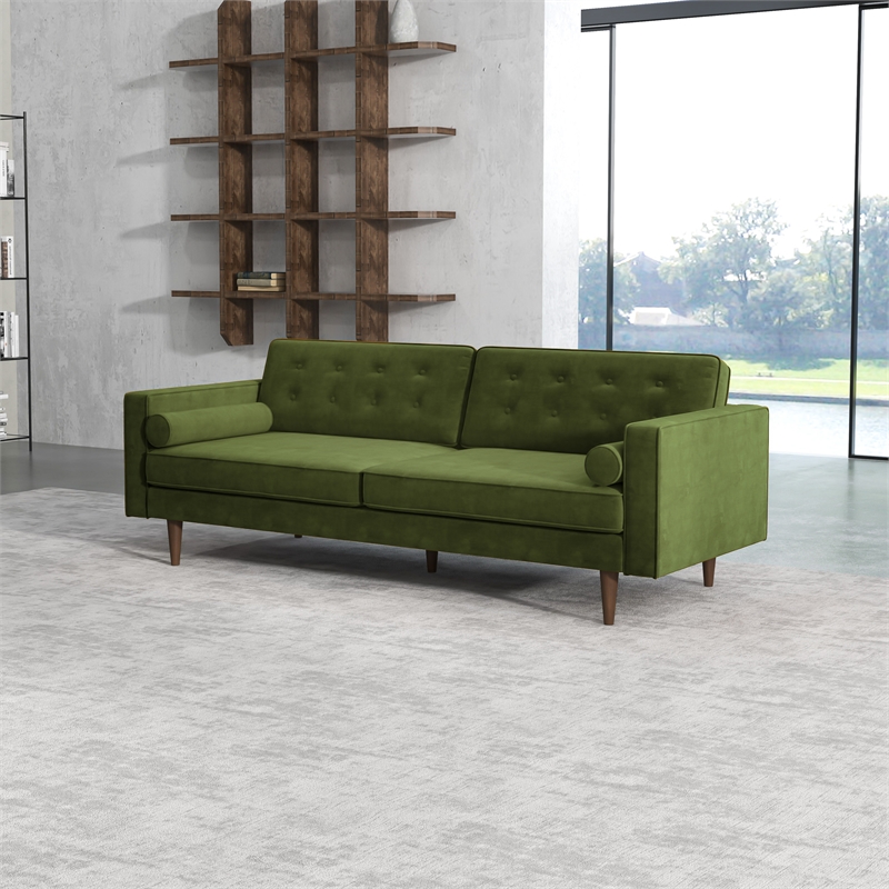 Kearney Mid-Century Tufted Tight Back Velvet Upholstered Sofa in Olive Green