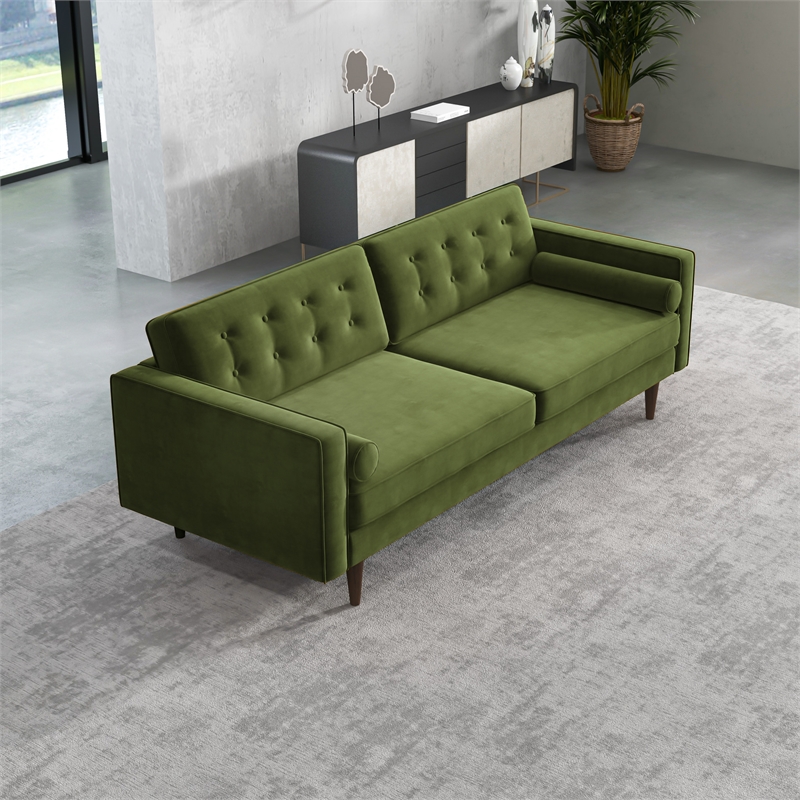 Kearney Mid-Century Tufted Tight Back Velvet Upholstered Sofa in Olive Green