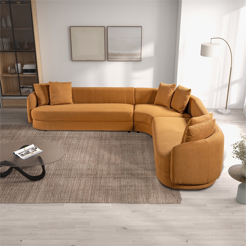 Asprey 3-Piece Symmetric Corner Fabric Sectional Sofa in Cognac Tan Boucle