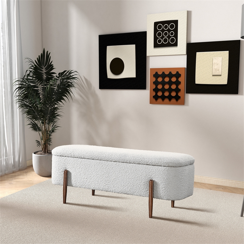 Alya Mid-Century Japandi Ivory Boucle Fabric Upholstered Storage Ottoman Bench