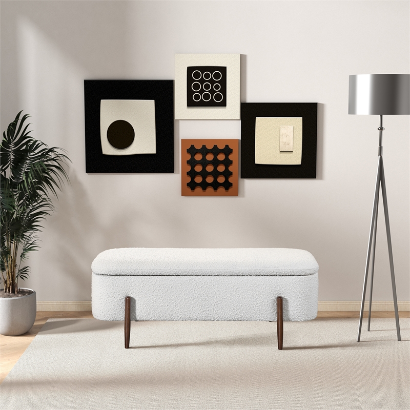 Alya Mid-Century Japandi Ivory Boucle Fabric Upholstered Storage Ottoman Bench
