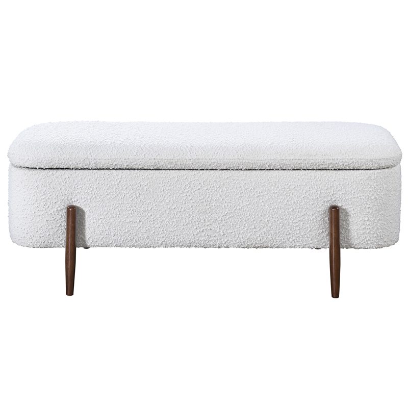 Alya Mid-Century Japandi Ivory Boucle Fabric Upholstered Storage Ottoman Bench
