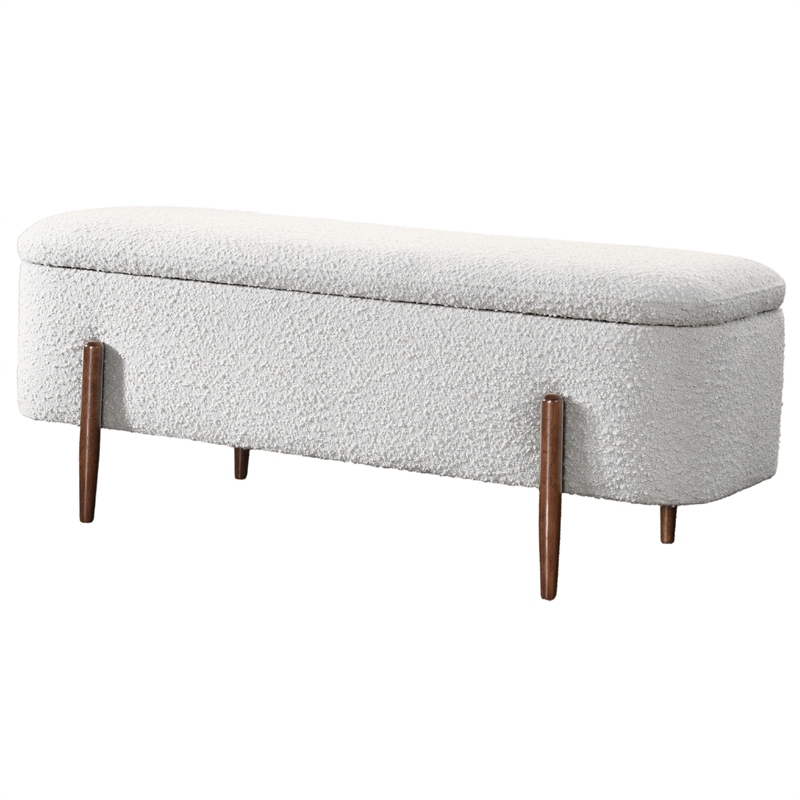 Alya Mid-Century Japandi Ivory Boucle Fabric Upholstered Storage Ottoman Bench