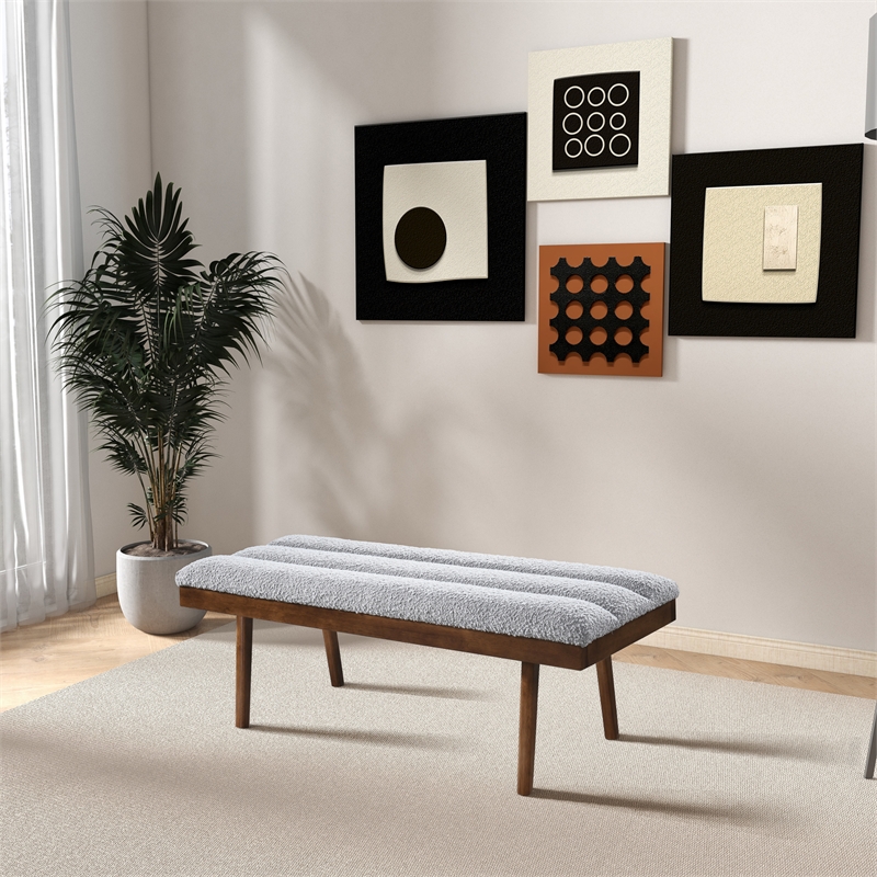 Asya Mid-Century Modern Light Gray Boucle Fabric Upholstered Bench