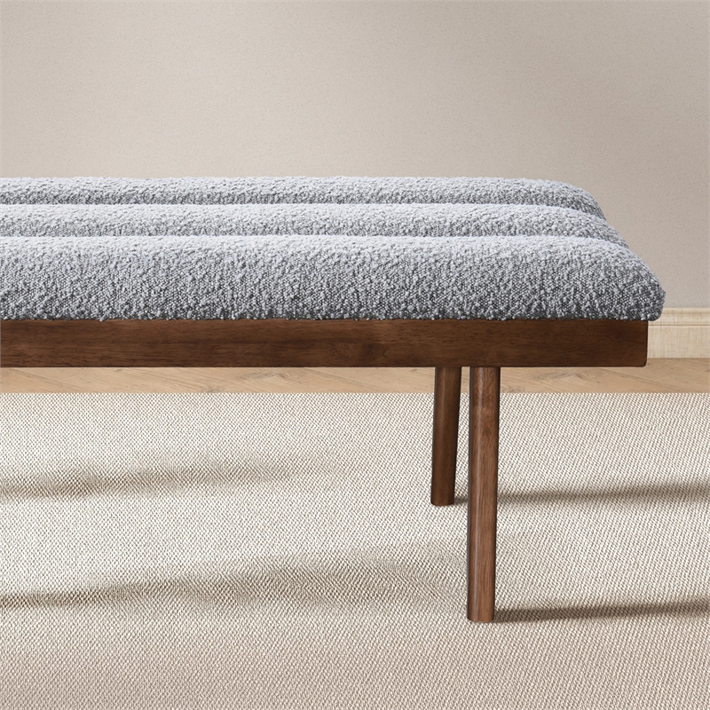 Asya Mid-Century Modern Light Gray Boucle Fabric Upholstered Bench