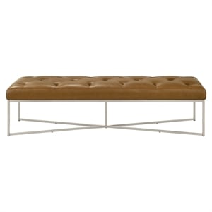 Joven 60&quot Mid Century Hand Tufted Genuine Leather Metal Frame Bench in Tan