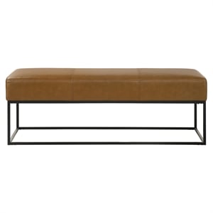 Maya 48&quot Wide Mid Century Modern Genuine Leather Metal Frame Bench in Tan