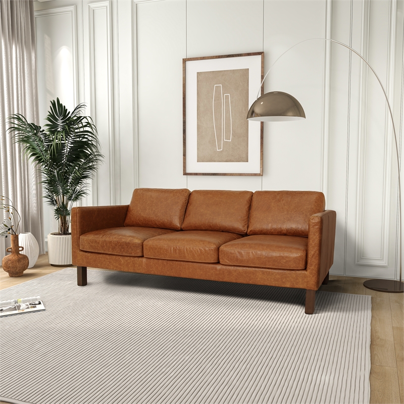 Hairo Mid-Century Modern Loose Back Genuine Cognac Tan Leather Sofa