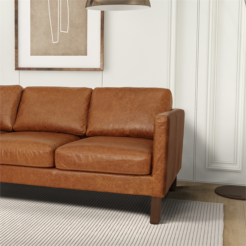 Hairo Mid-Century Modern Loose Back Genuine Cognac Tan Leather Sofa