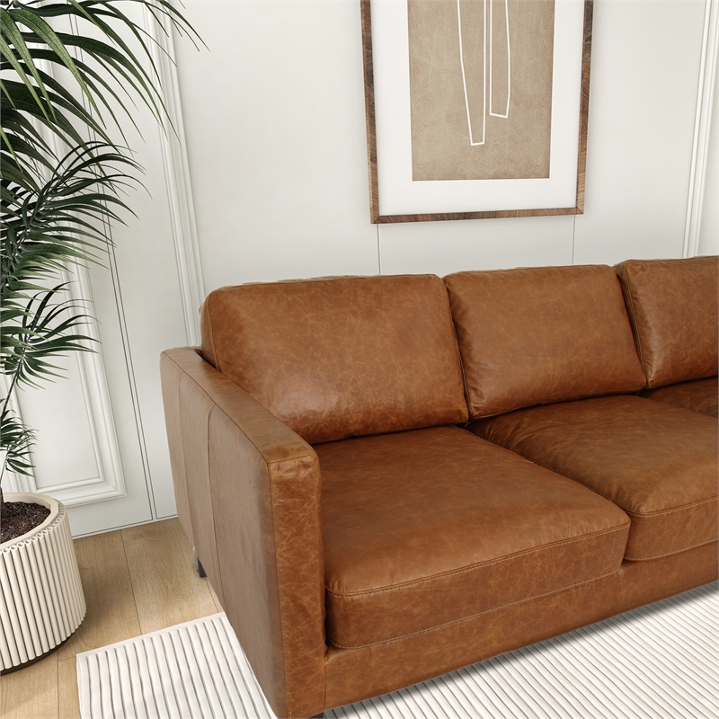 Hairo Mid-Century Modern Loose Back Genuine Cognac Tan Leather Sofa
