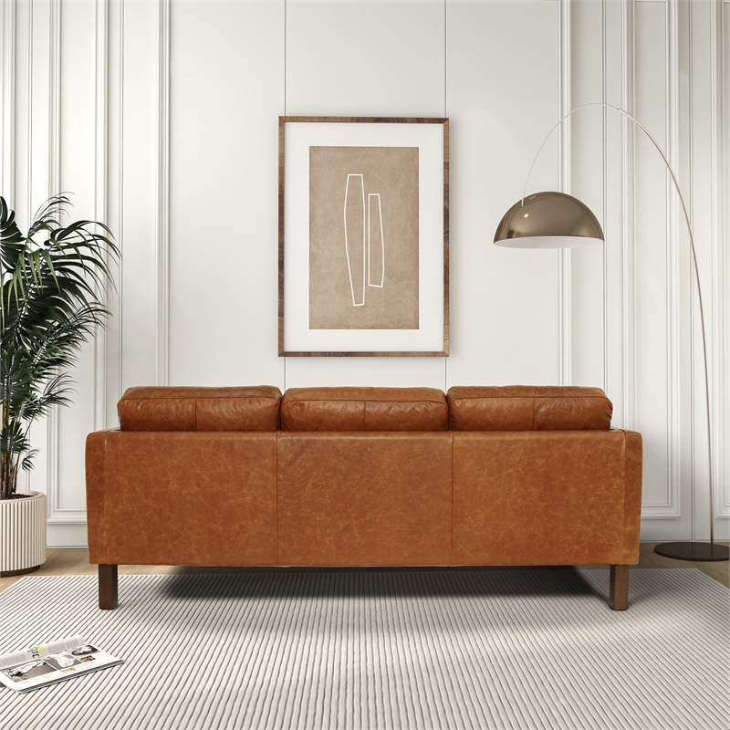 Hairo Mid-Century Modern Loose Back Genuine Cognac Tan Leather Sofa