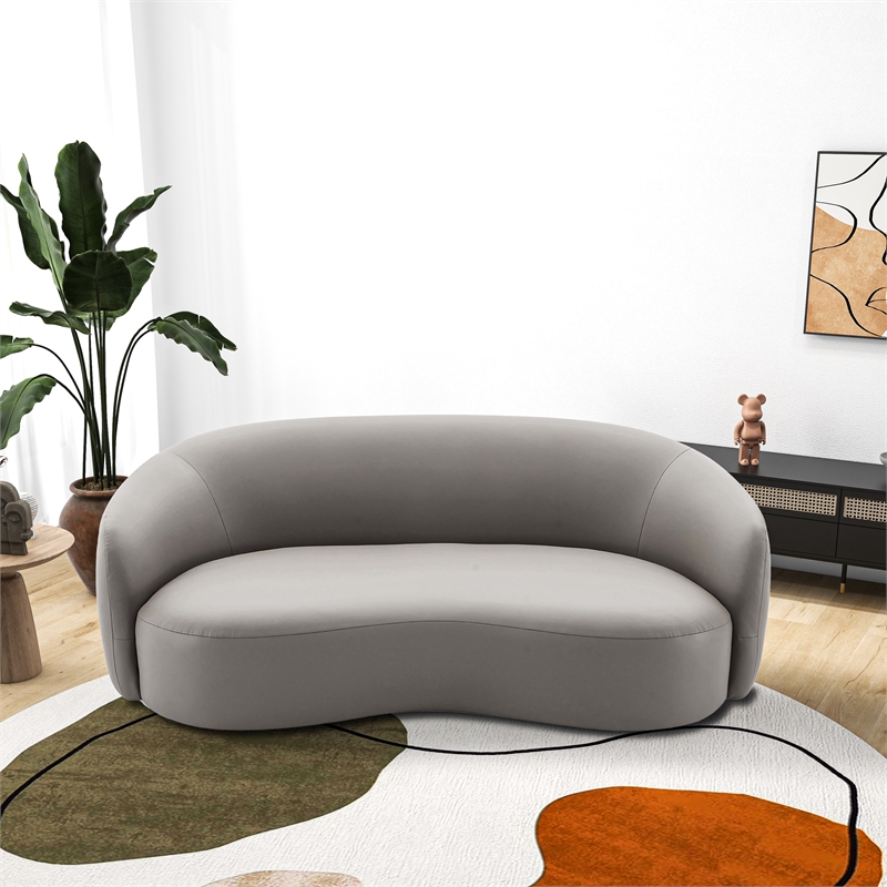 Elisa Mid Century Modern Living Room Soft Leather Curvy Sofa in Gray