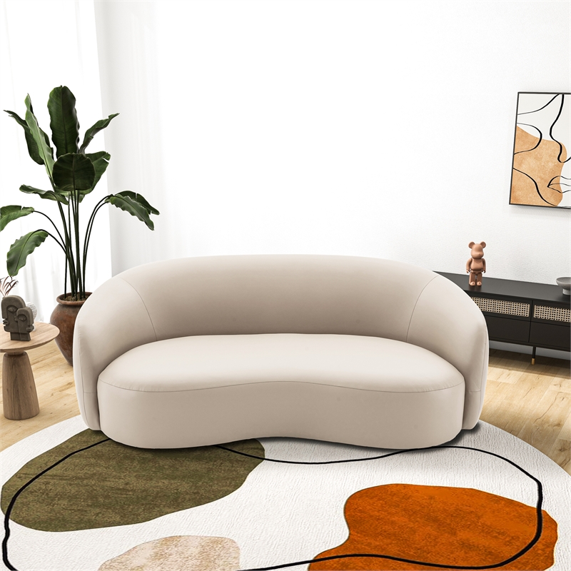 Elisa Mid Century Modern Living Room Soft Leather Curvy Sofa in Cream