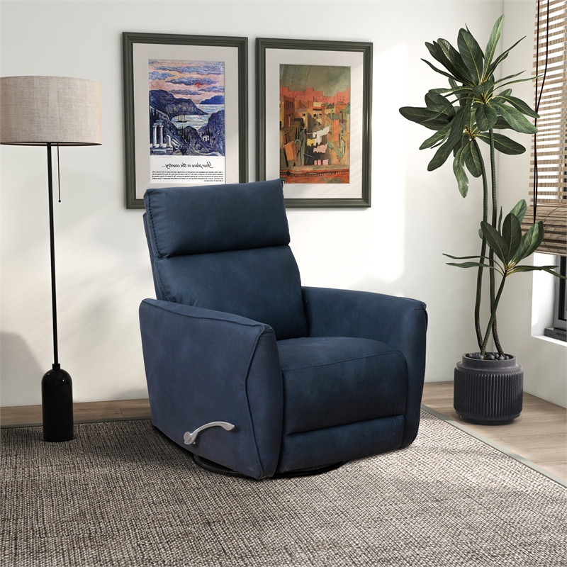 Adalyn Microsuede Fabric Linen Swivel Gliding Recliner in Midnight Blue