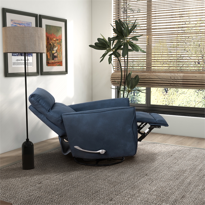 Adalyn Microsuede Fabric Linen Swivel Gliding Recliner in Midnight Blue