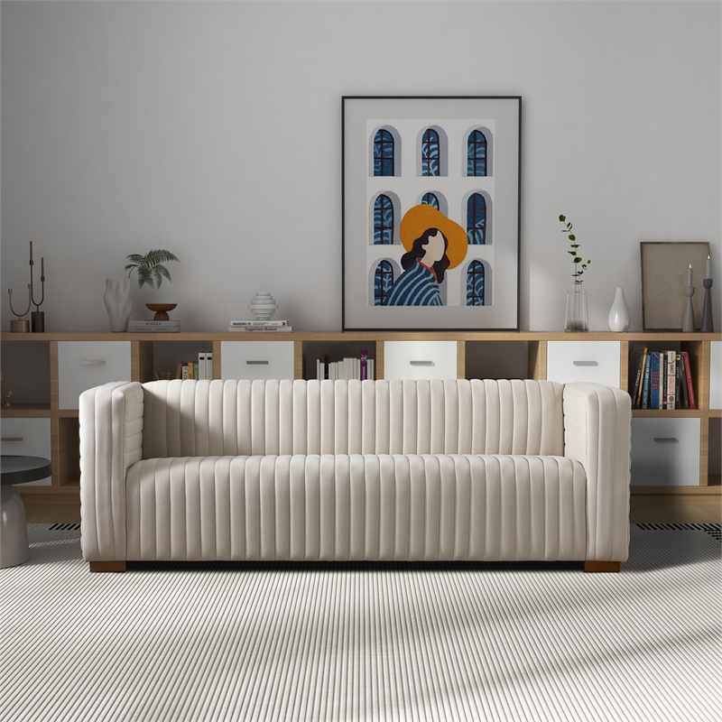 Rica Mid Century Modern Style Tuxedo Arm Velvet Living Room Sofa in Cream