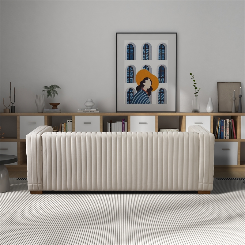 Rica Mid Century Modern Style Tuxedo Arm Velvet Living Room Sofa in Cream
