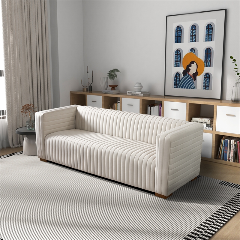 Rica Mid Century Modern Style Tuxedo Arm Velvet Living Room Sofa in Cream