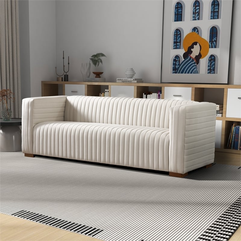 Rica Mid Century Modern Style Tuxedo Arm Velvet Living Room Sofa in Cream