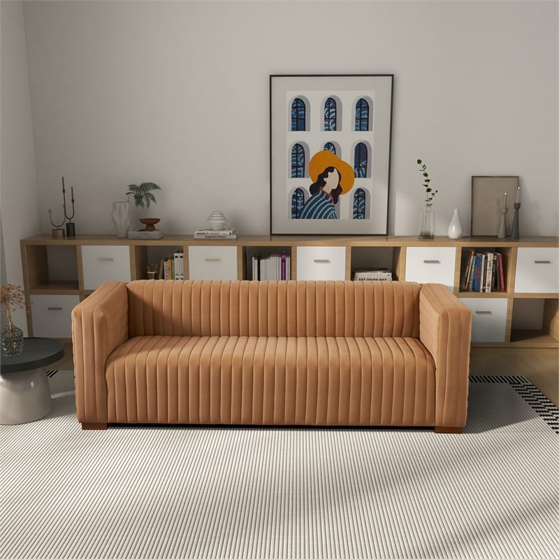Rica Mid Century Modern Style Tuxedo Arm Velvet Living Room Sofa in Mocha