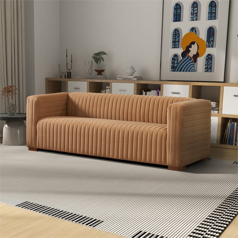 Rica Mid Century Modern Style Tuxedo Arm Velvet Living Room Sofa in Mocha
