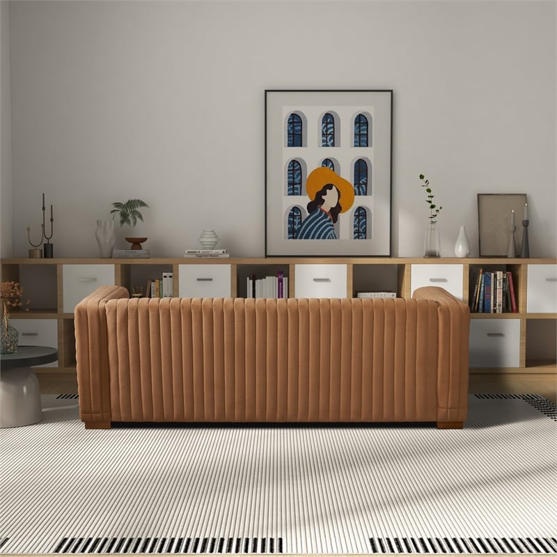 Rica Mid Century Modern Style Tuxedo Arm Velvet Living Room Sofa in Mocha
