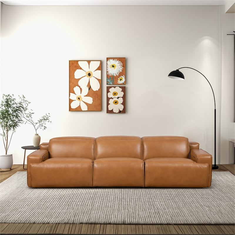 Welton Modern Genuine Leather Triple Power Recliner Sofa in Tan
