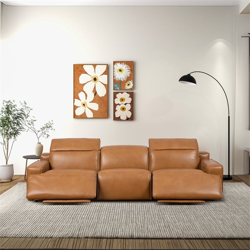 Welton Modern Genuine Leather Triple Power Recliner Sofa in Tan
