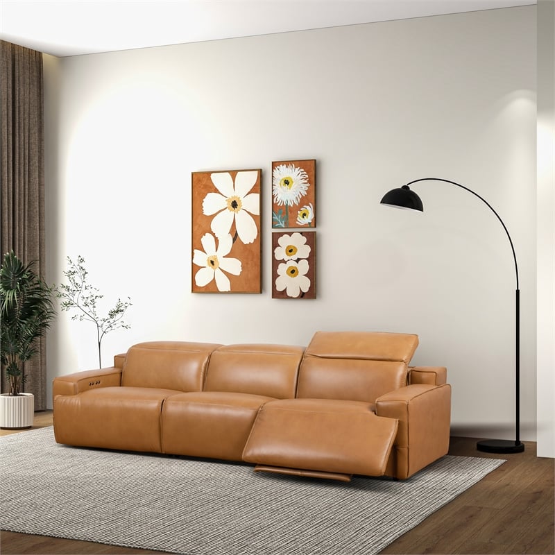 Welton Modern Genuine Leather Triple Power Recliner Sofa in Tan