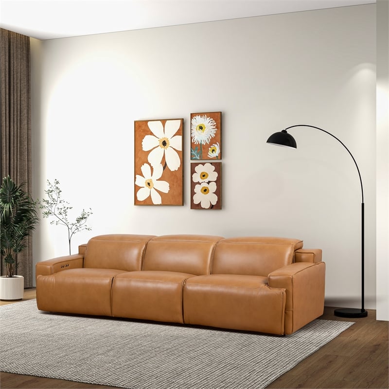 Welton Modern Genuine Leather Triple Power Recliner Sofa in Tan