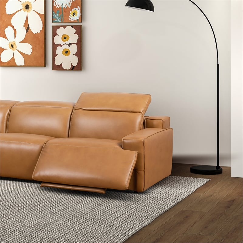 Welton Modern Genuine Leather Triple Power Recliner Sofa in Tan