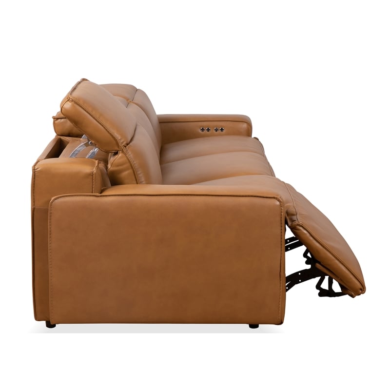 Welton Modern Genuine Leather Triple Power Recliner Sofa in Tan