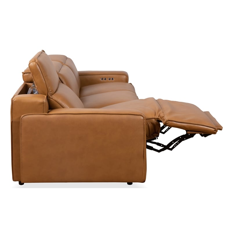 Welton Modern Genuine Leather Triple Power Recliner Sofa in Tan