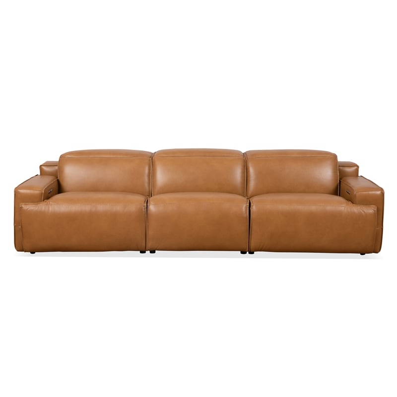 Welton Modern Genuine Leather Triple Power Recliner Sofa in Tan