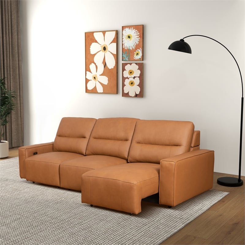 Harlow Genuine Leather Triple Power Convertible Sofa / Sofa Bed in Cognac Tan