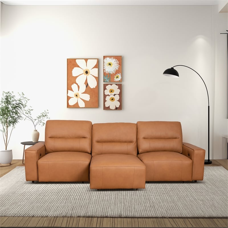 Harlow Genuine Leather Triple Power Convertible Sofa / Sofa Bed in Cognac Tan