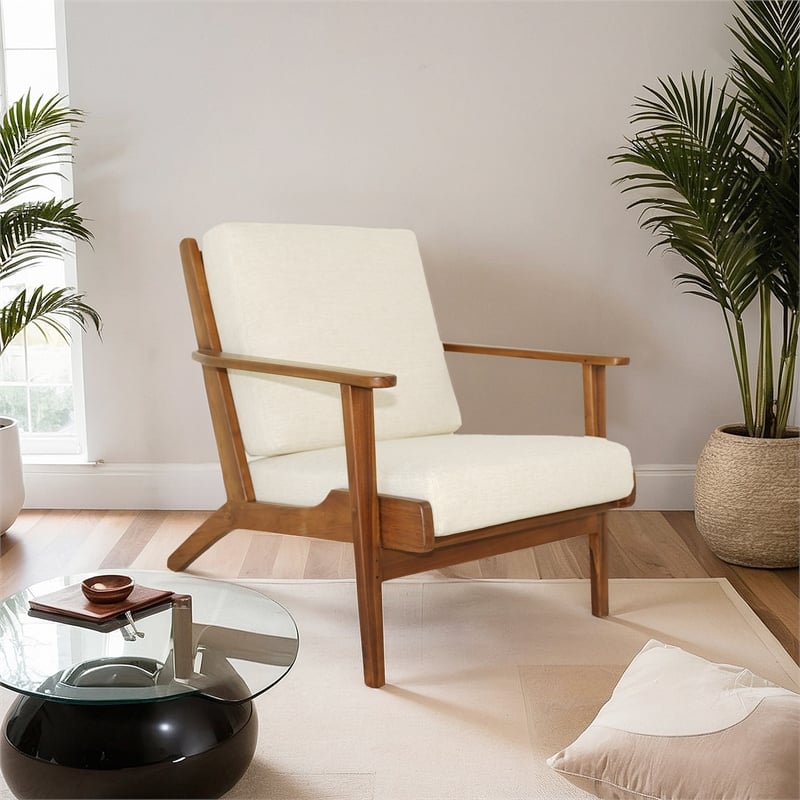 Lonnie Mid Century Modern Cream Fabric Linen Upholstered Accent Armchair