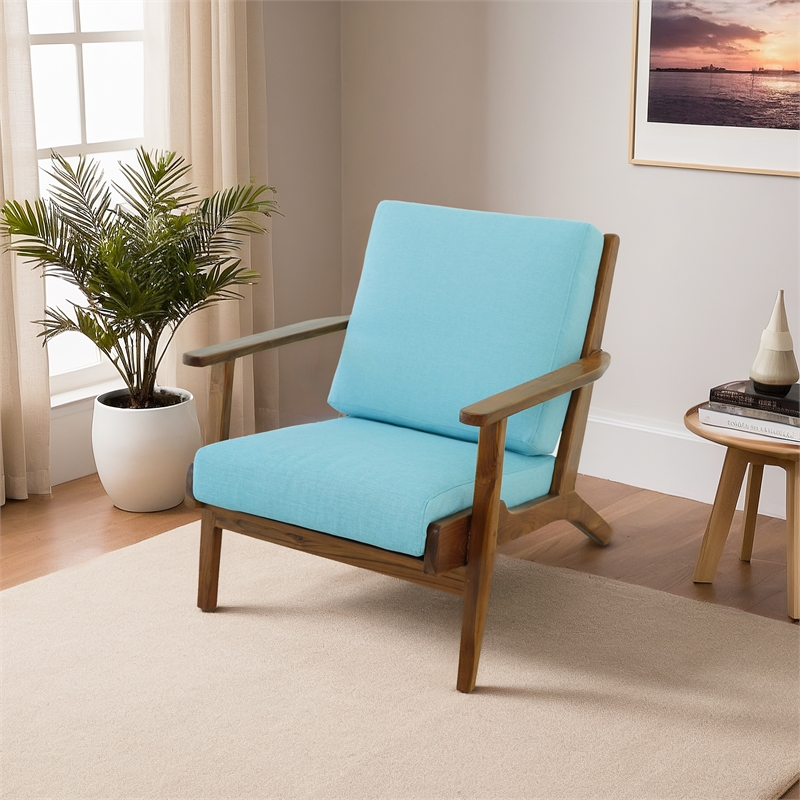 Lonnie Mid Century Modern Sky Blue Fabric Linen Upholstered Accent Armchair