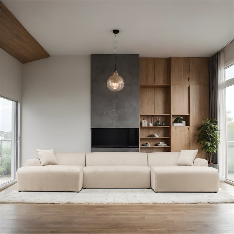 Chapman Corduroy Fabric Living Room U-Shaped Corner Sectional Sofa in Cream