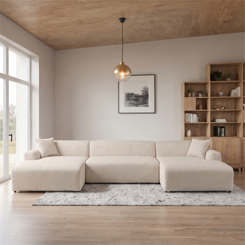 Chapman Corduroy Fabric Living Room U-Shaped Corner Sectional Sofa in Cream