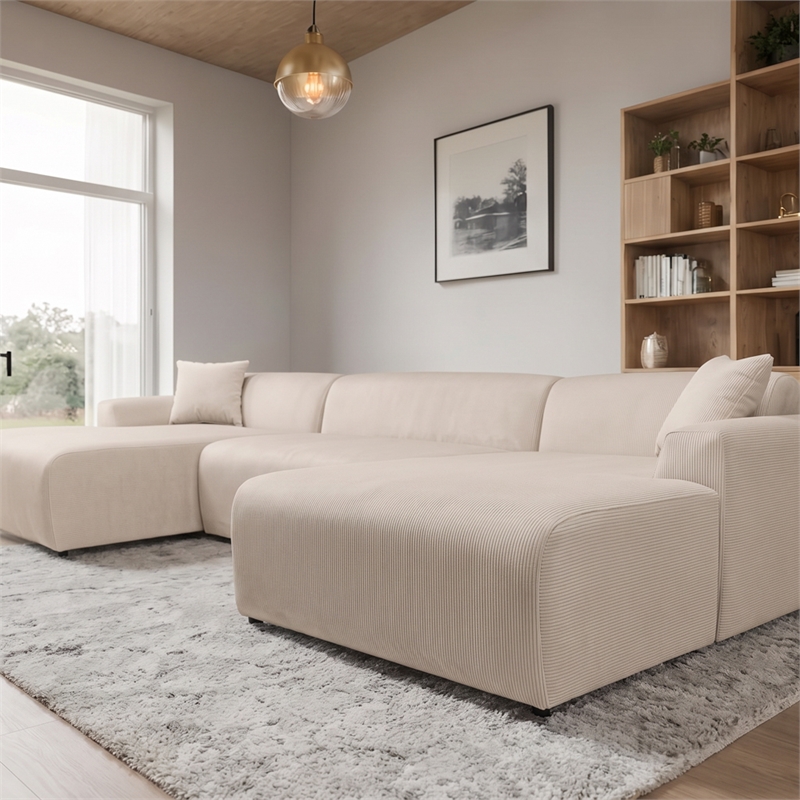 Chapman Corduroy Fabric Living Room U-Shaped Corner Sectional Sofa in Cream