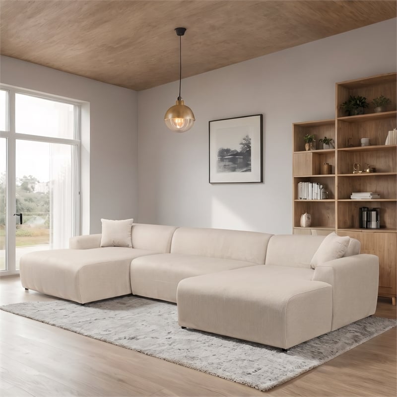 Chapman Corduroy Fabric Living Room U-Shaped Corner Sectional Sofa in Cream